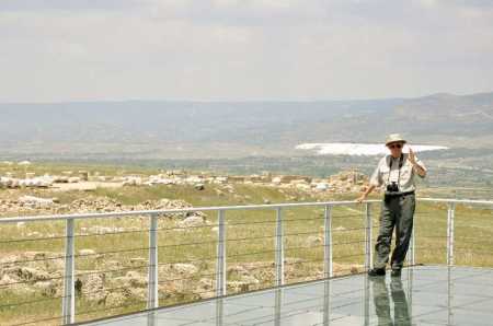 Ferrell Jenkins behind temple. The white spot 6 miles distance is Hierapolis. Photo ©Leon Mauldin.