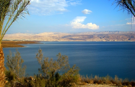 View across Dead Sea, mountains of Moab in distance. Photo by Leon Mauldin.